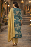 Teal Leaf Print Kurta Set with Golden Dupatta