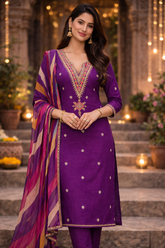 Purple Embroidered Salwar Suit with Multicolored Dupatta