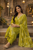 Olive Green Floral Embroidered Kurta Set with Dupatta