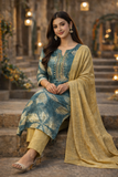 Teal Leaf Print Kurta Set with Golden Dupatta