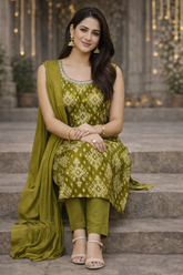 Olive Green Ikat Print kurta Suit