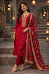 Maroon Embroidered Kurta Set with Striped Dupatta