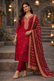 Maroon Embroidered Kurta Set with Striped Dupatta