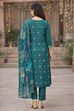 Teal Floral Embroidered Pant Suit with Organza Dupatta