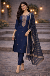 Navy Blue Embroidered Kurta Set