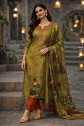 Olive Printed Kurta Set with Artistic Dupatta