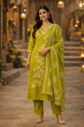 Olive Green Floral Embroidered Kurta Set with Dupatta