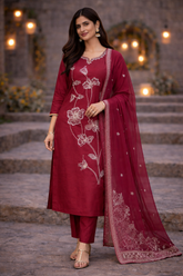 Maroon Embroidered Silk Kurta Set with Floral Dupatta