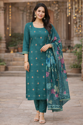 Teal Floral Embroidered Pant Suit with Organza Dupatta
