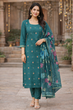 Teal Floral Embroidered Pant Suit with Organza Dupatta