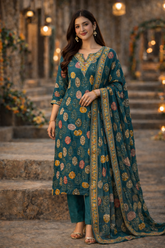 Teal Festive Printed Kurta Set with Dupatta
