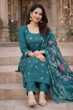 Teal Floral Embroidered Pant Suit with Organza Dupatta