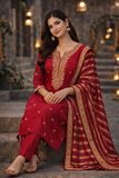 Maroon Embroidered Kurta Set with Striped Dupatta