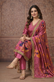 Elegant Mauve Silk Floral Kurta Set with Printed Dupatta
