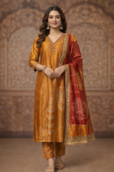 Mustard Silk Embroidered Kurta Set with Bandhani Print Dupatta