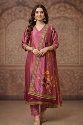 Elegant Mauve Silk Floral Kurta Set with Printed Dupatta