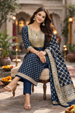 Royal Teal Printed Kurta Set with Woven Dupatta