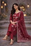 Maroon Embroidered Silk Kurta Set with Floral Dupatta