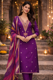 Purple Embroidered Salwar Suit with Multicolored Dupatta