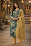 Teal Leaf Print Kurta Set with Golden Dupatta
