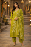 Olive Green Floral Embroidered Kurta Set with Dupatta