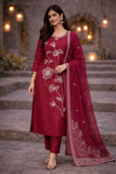 Maroon Embroidered Silk Kurta Set with Floral Dupatta