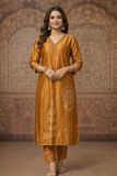 Mustard Silk Embroidered Kurta Set with Bandhani Print Dupatta