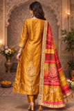 Mustard Silk Embroidered Kurta Set with Bandhani Print Dupatta