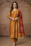 Mustard Silk Embroidered Kurta Set with Bandhani Print Dupatta