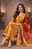 Mustard Silk Embroidered Kurta Set with Bandhani Print Dupatta