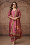 Elegant Mauve Silk Floral Kurta Set with Printed Dupatta